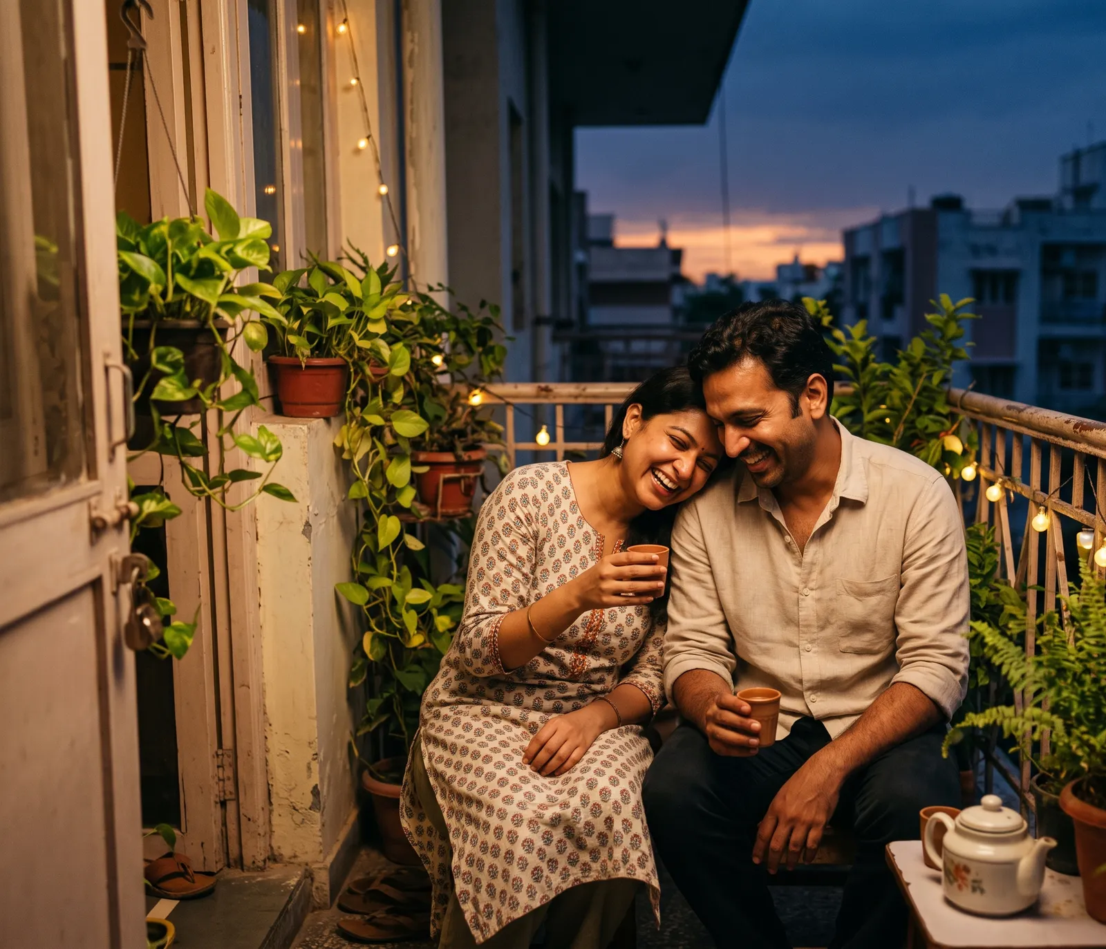 A couple laughing over chai on their balcony at dusk