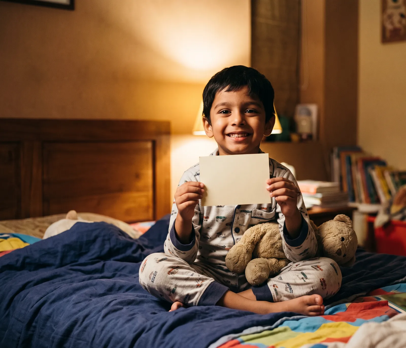 A smiling boy holding up a small card on his bed at bedtime
