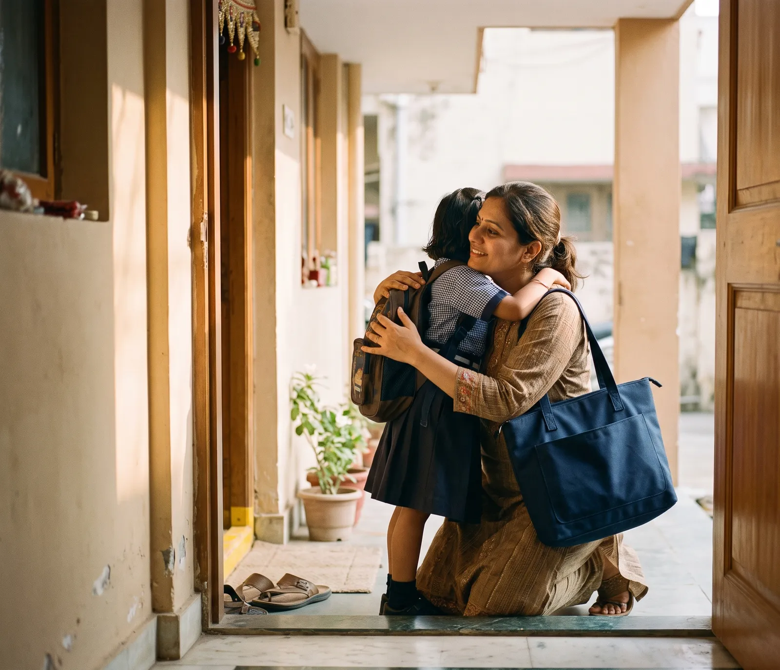 A mother with a work bag hugging her daughter goodbye at the door