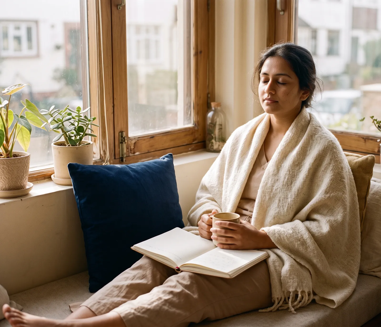 A woman resting by a sunlit window with tea and a journal