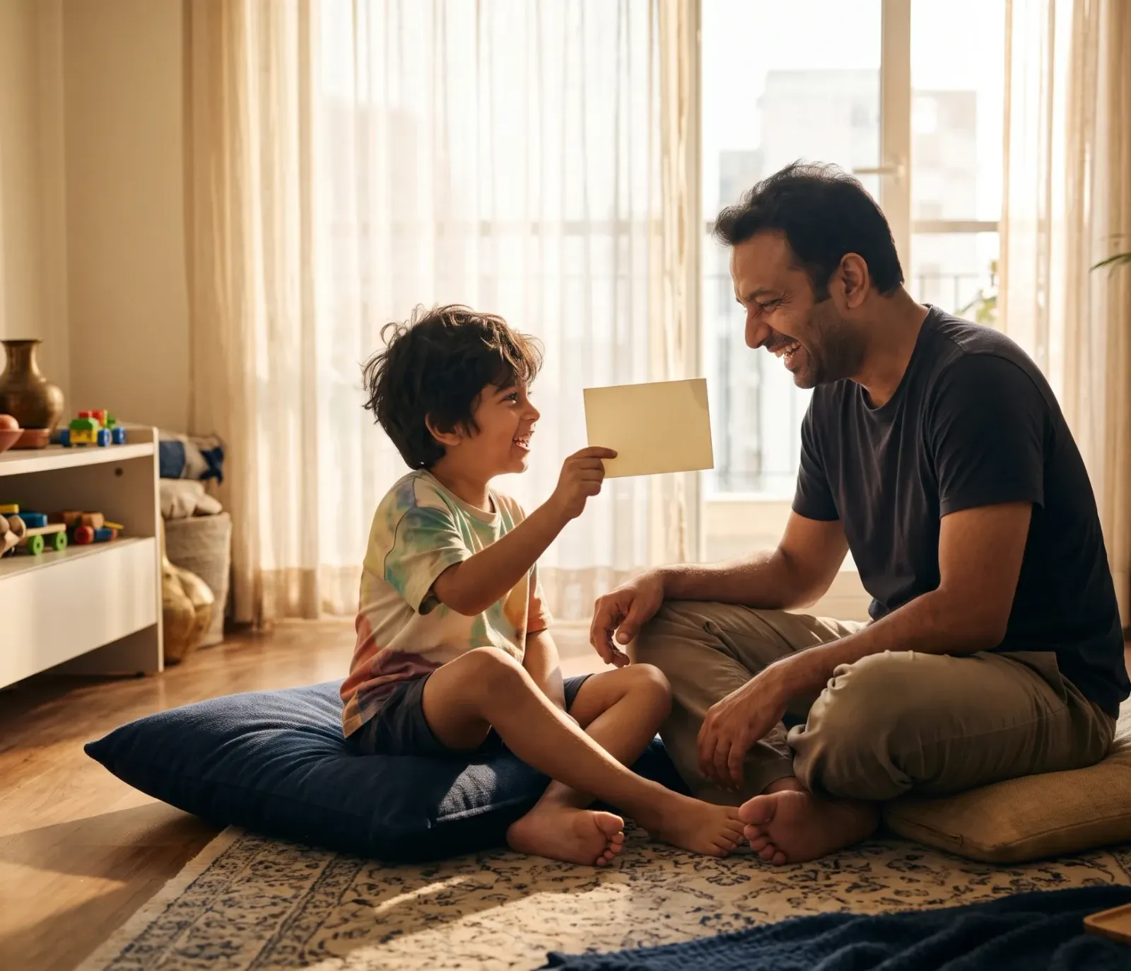 A father and his young son laughing over a small card